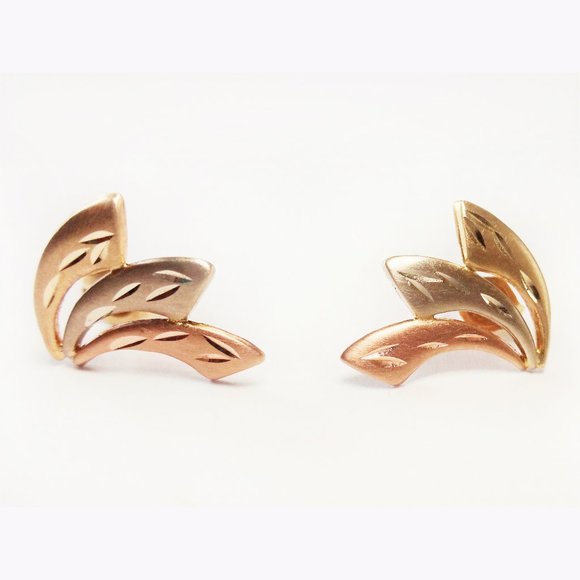 14k Solid Gold Leaf Earrings, Yellow Gold and Rose Gold - Picture 1 of 4